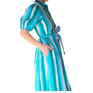 FRNCH Paris Striped Midi Shirt Dress Puff Sleeve Teal Purple Coastal Preppy L
